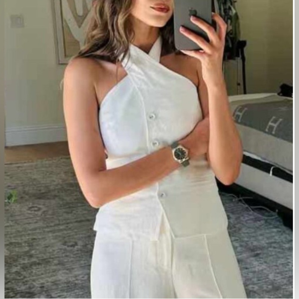 New Reformation Tate Elegant White Halter Linen Top Size 6 - Picture 5 of 14